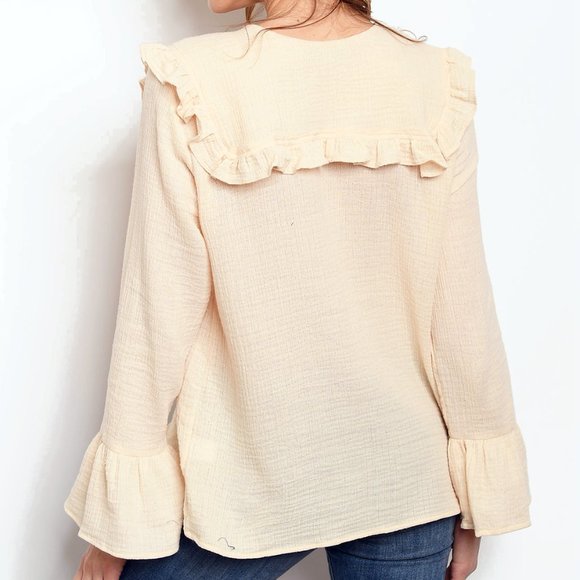 NEW Cream Cotton Gauzy Peter Pan Collar Ruffle Top - Picture 4 of 8